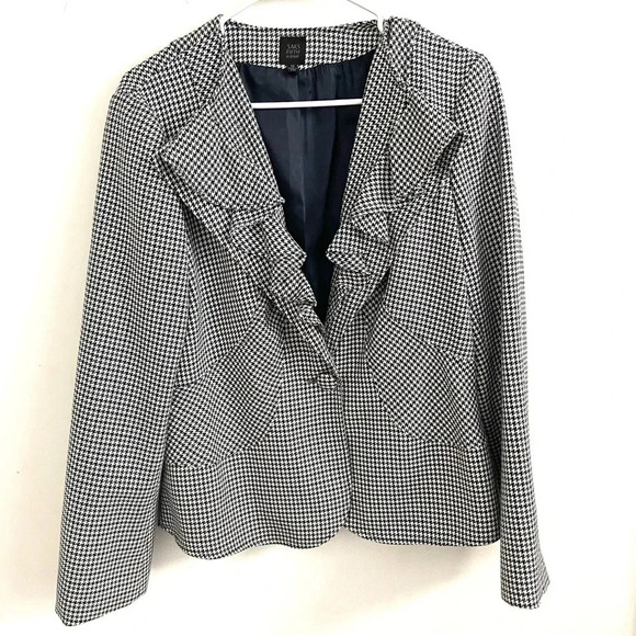 Saks Fifth Avenue Ruffled neck & hem plaid Houndstooth Blazer 12 - Picture 1 of 5
